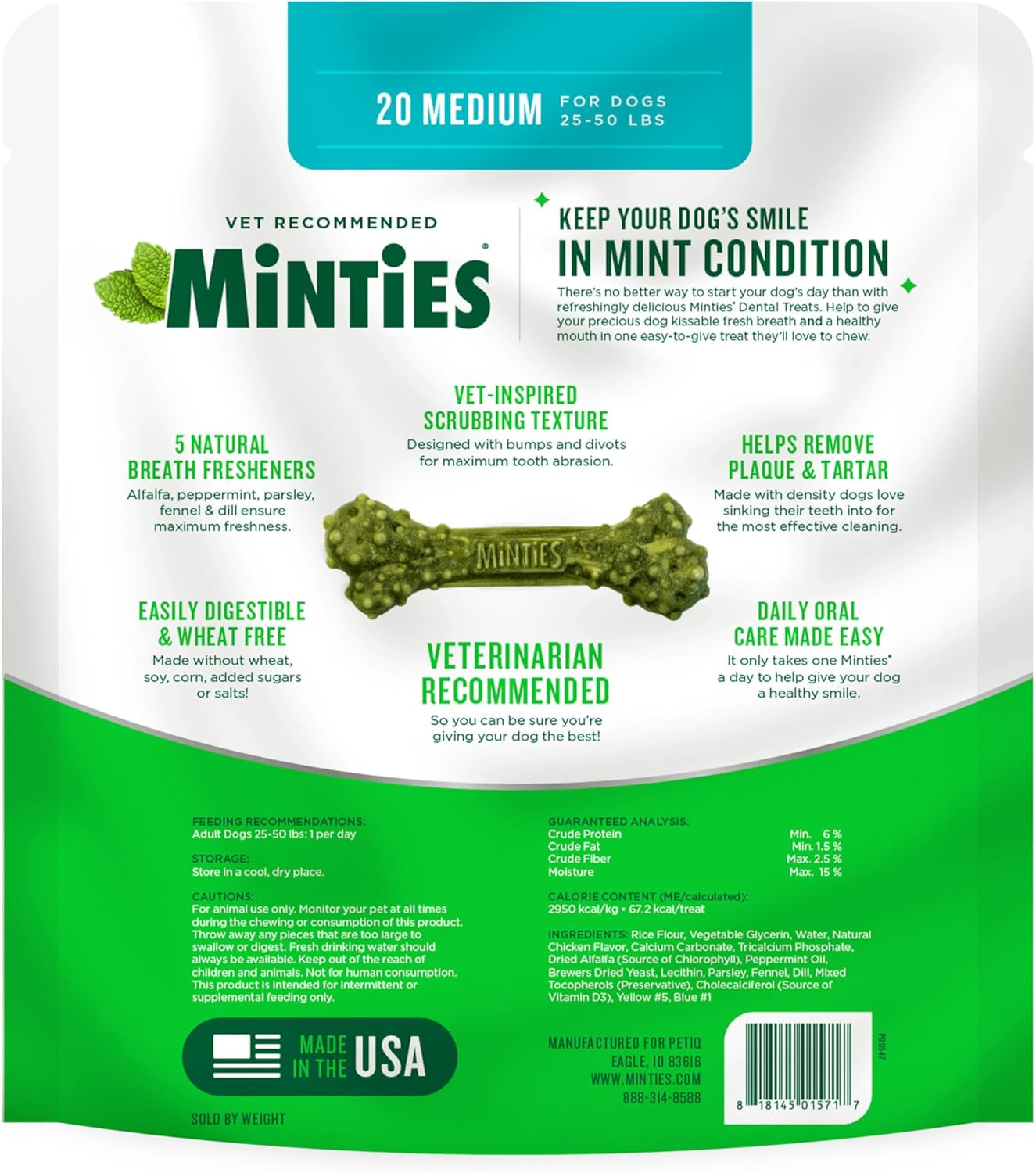 Dental Chews for Dogs, 20 Count, Vet-Recommended Mint-Flavored Treats for Medium Dogs 25-50 Lbs, Dental Bones Clean Teeth, Fight Bad Breath, and Removes Plaque and Tartar